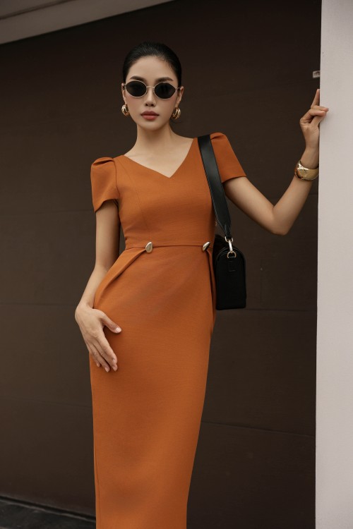 Sixdo Ochre Woven Pencil Dress